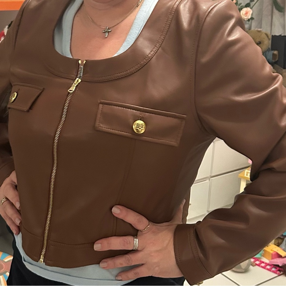 Ann Taylor Brown Leather Jacket with Gold Zipper